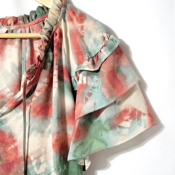 Rose & Olive Womens Flutter Short Sleeve Top Size 1X Tassel Neck Tie Dye Pastel - Picture 3 of 9